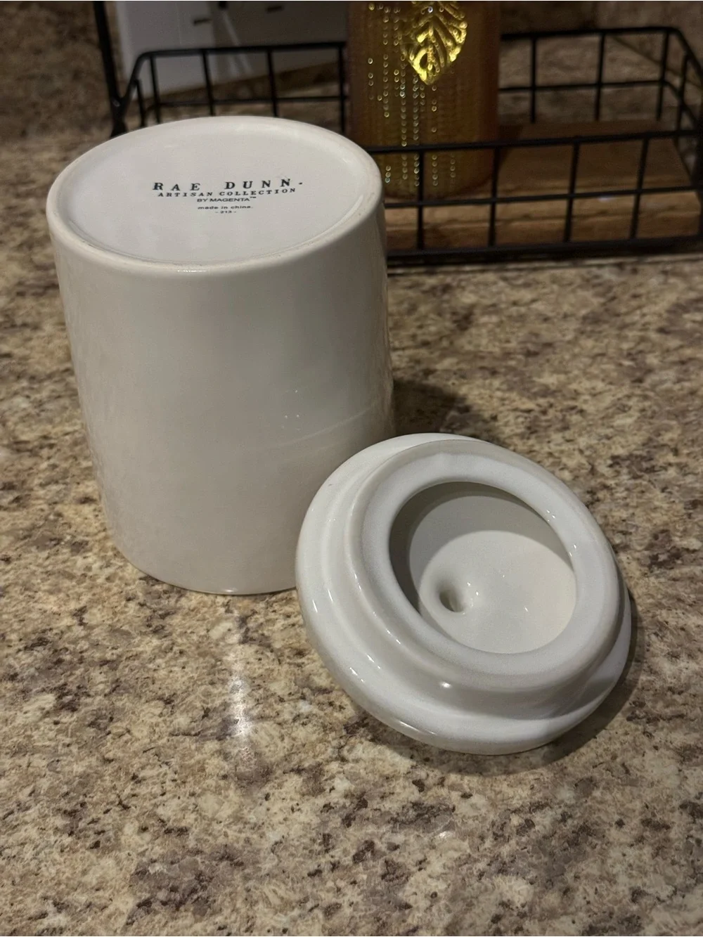 Rae Dunn THINGS Cream Ceramic Canister with Red Lettering and Red Knob